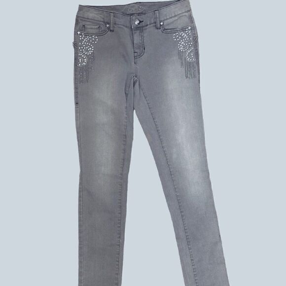 Cache Gray Straight Leg Embellished Beaded Jeans SZ 0 - Picture 2 of 11